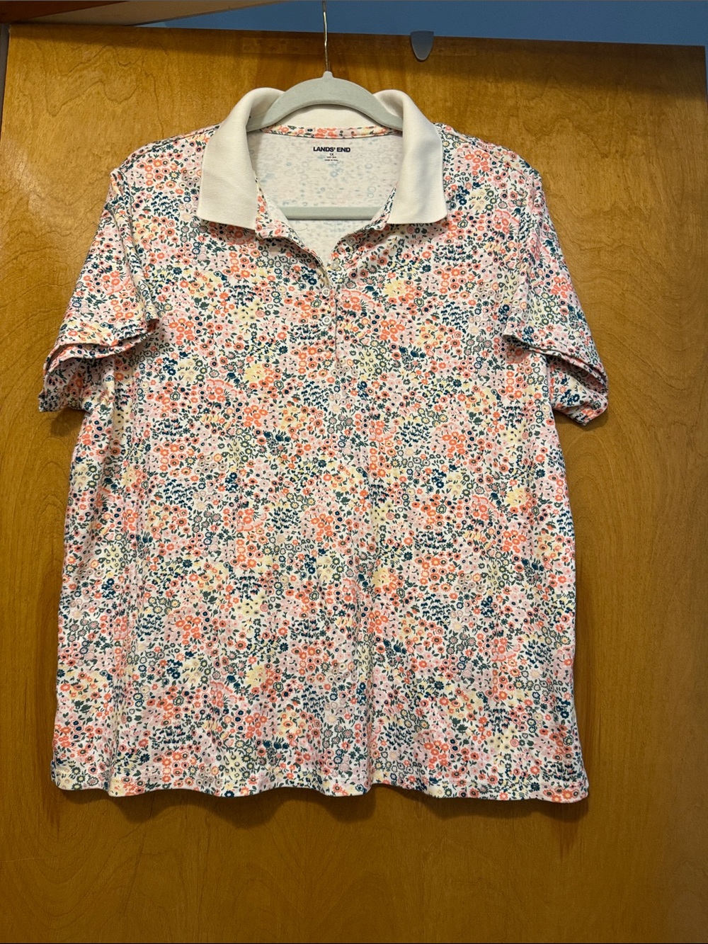 Lands' End Women's Floral Polo in Coral, Navy & Cream